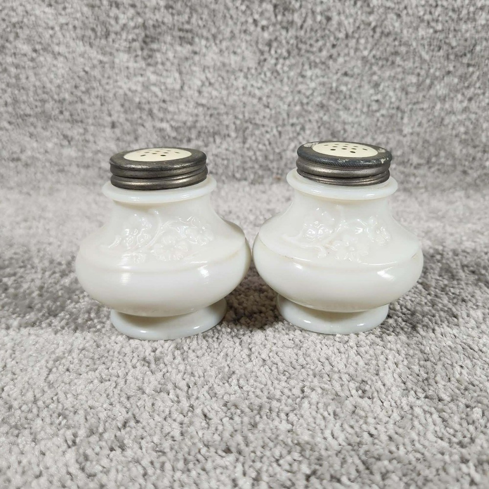 Salt Pepper Shakers White Milk Glass Floral Embossed Vintage